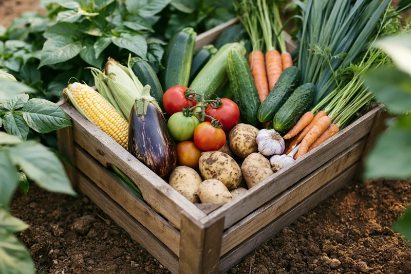 Wooden crate overflowing with freshly picked vegetables in a garden bed