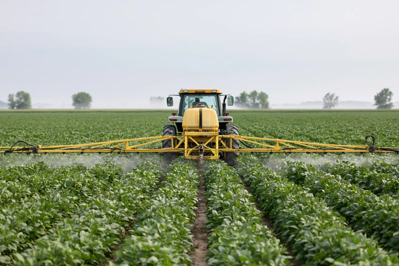 Yellow tractor spraying pesticide on soybean field with extended boom
