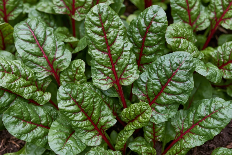 Young swiss chard plants growing densely in a garden bed