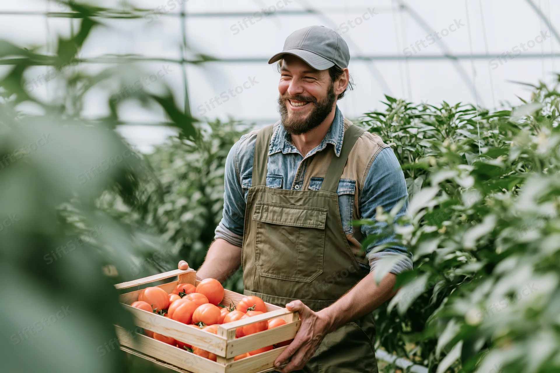 Young bearded male farmer laughing while holding a wooden crate of tomatoes in a greenhouse