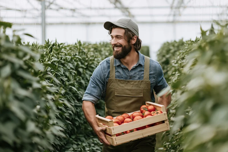 Young bearded farmer laughing while carrying a wooden crate of tomatoes in a greenhouse