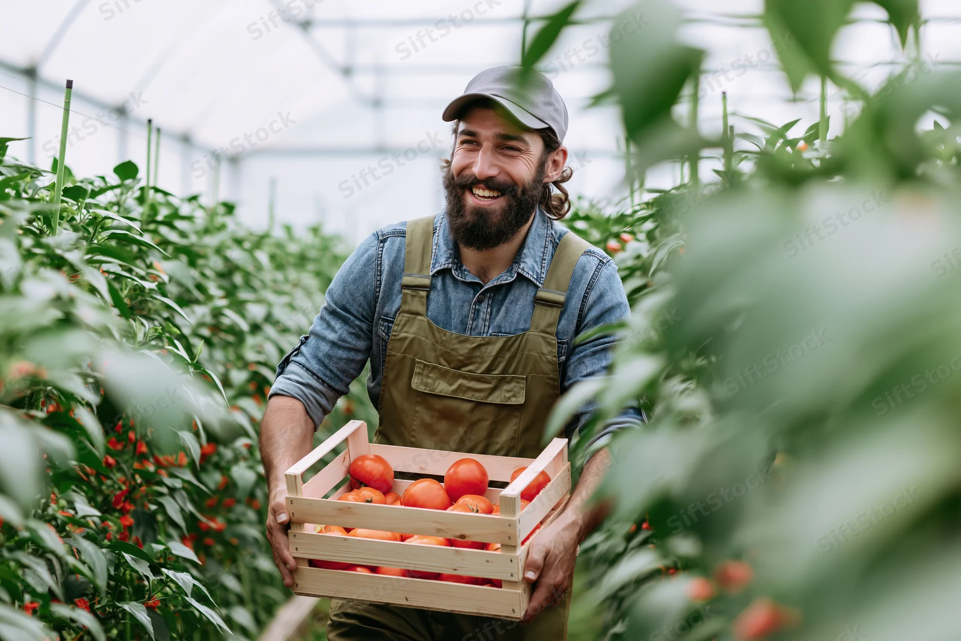 Young bearded farmer laughing while holding a wooden crate of tomatoes in a greenhouse