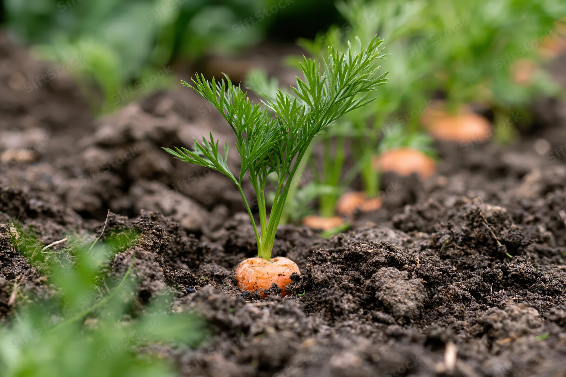 Young carrot sprouting from dark garden soil with green foliage emerging