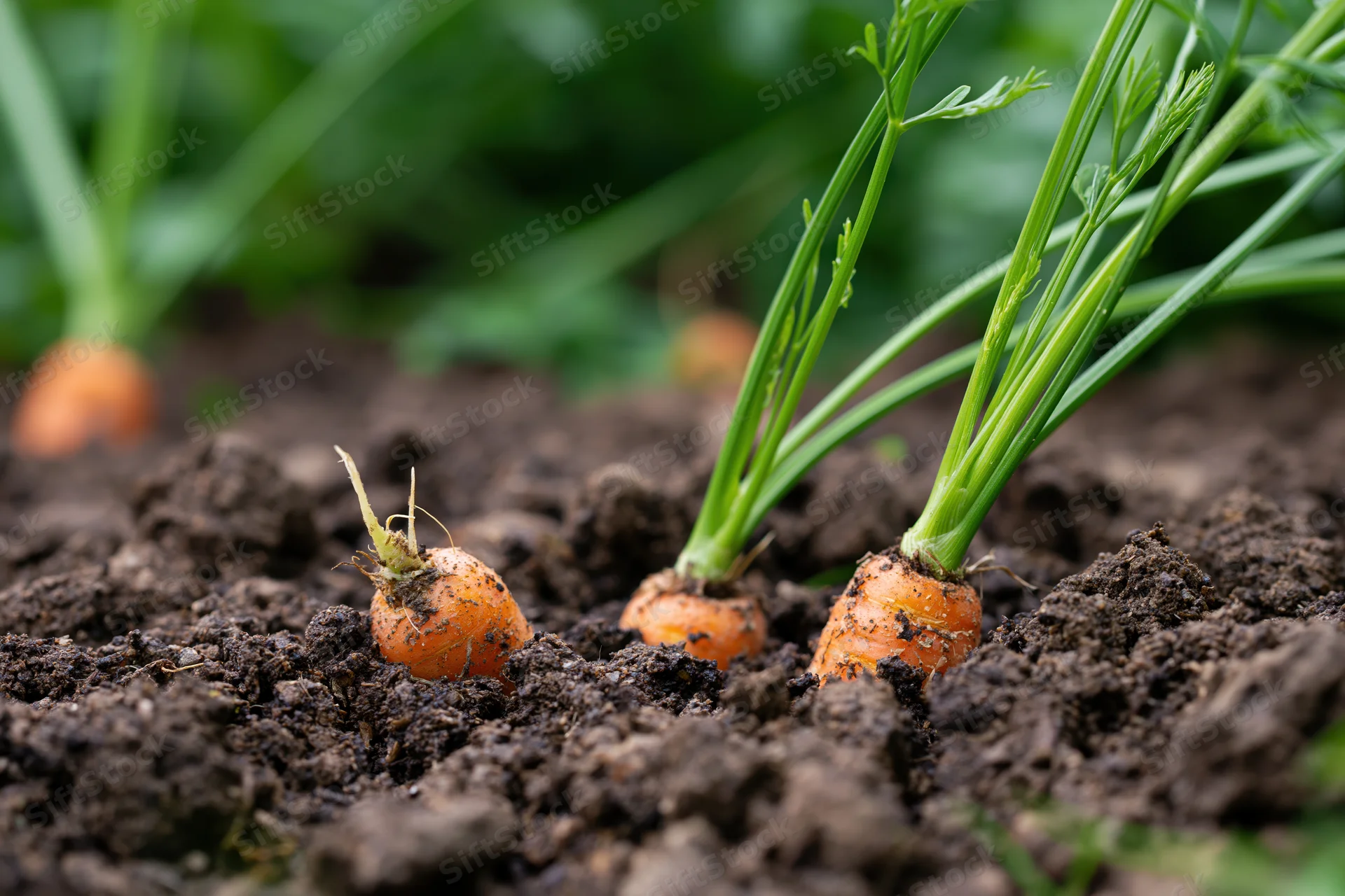 Young carrots partially emerging from dark garden soil with green tops visible