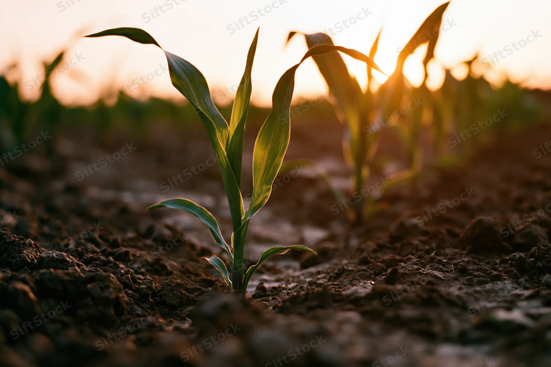 Young corn seedling emerging from dark tilled soil at sunrise in a field