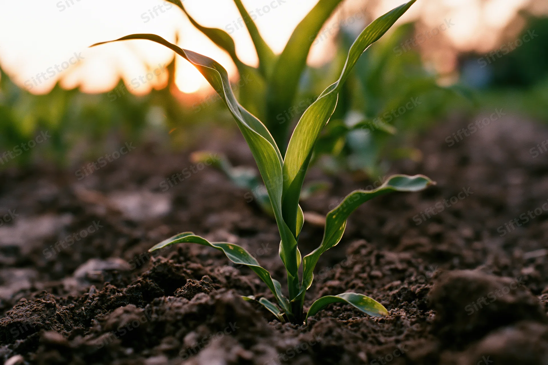 Young corn seedling emerging from dark tilled soil in a field at sunset