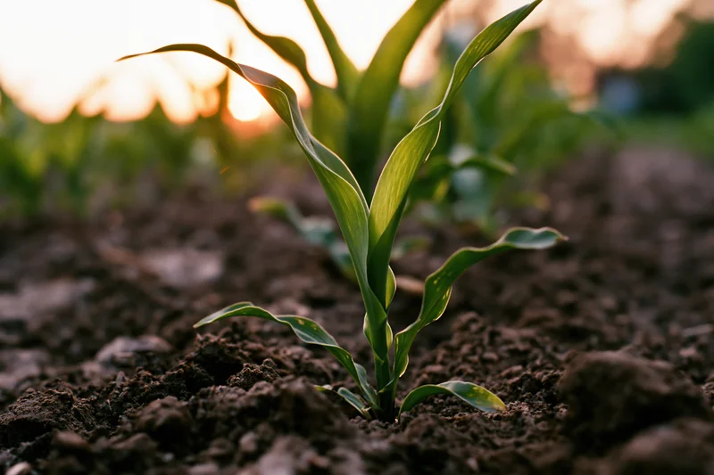 Young corn seedling emerging from dark tilled soil in a field at sunset