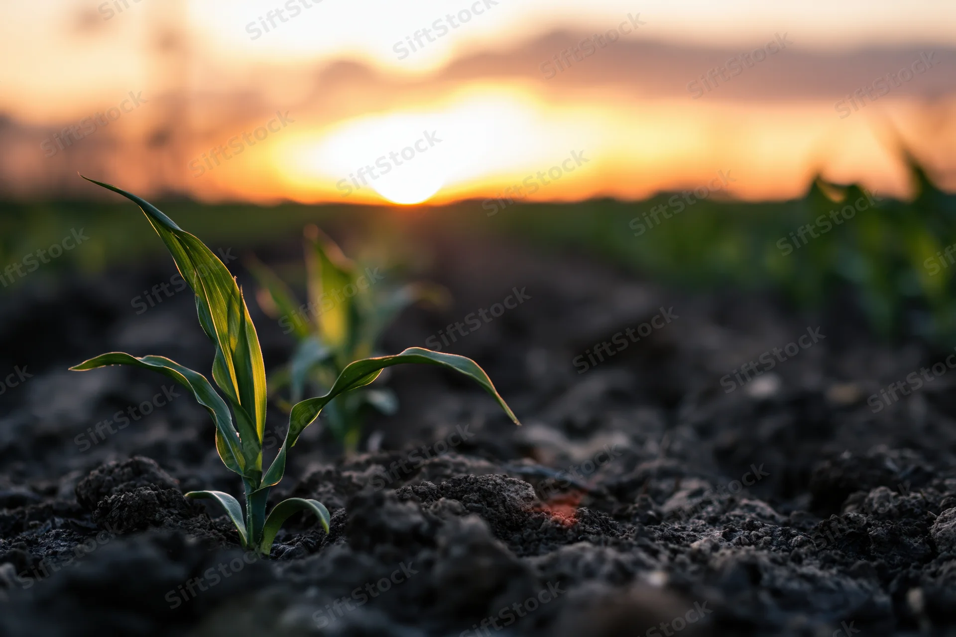 Young corn seedlings emerging from dark tilled soil at sunrise