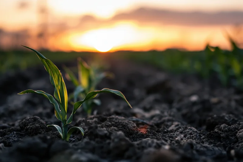 Young corn seedlings emerging from dark tilled soil at sunrise
