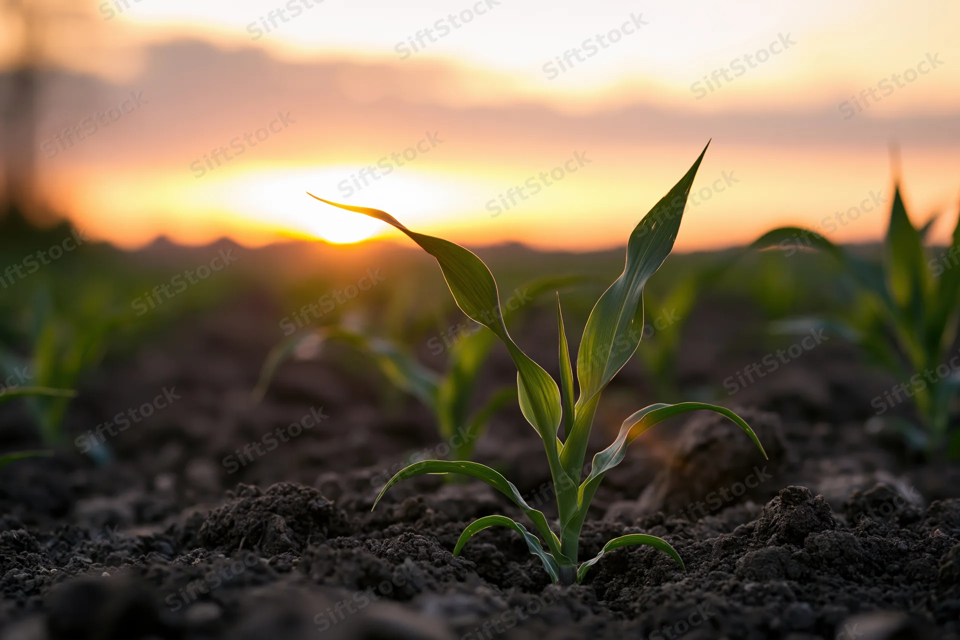 Young corn seedlings emerging from dark tilled soil at sunrise