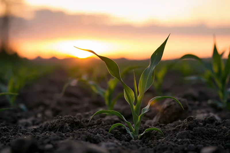 Young corn seedlings emerging from dark tilled soil at sunrise