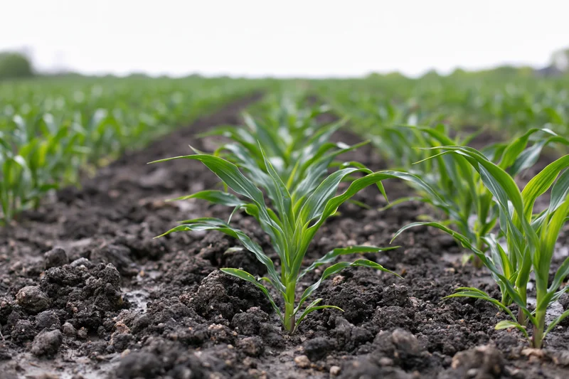 Young corn seedlings growing in neat rows in dark tilled soil on a farm field