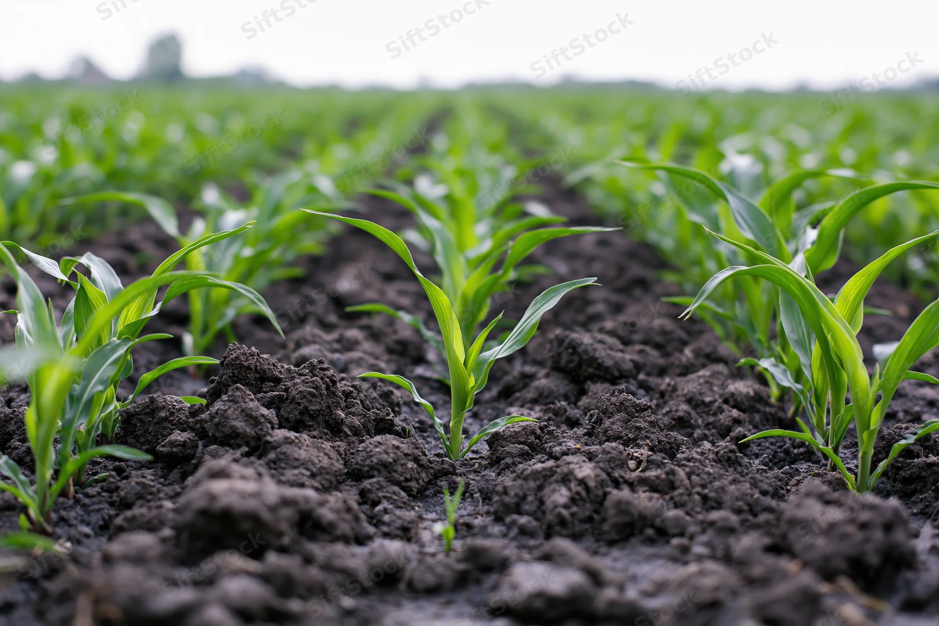 Young corn seedlings emerging from dark tilled soil in neat rows across a farm field