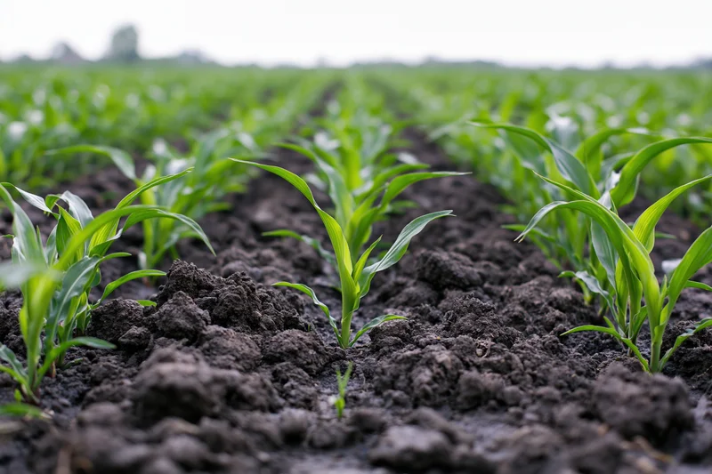 Young corn seedlings emerging from dark tilled soil in neat rows across a farm field
