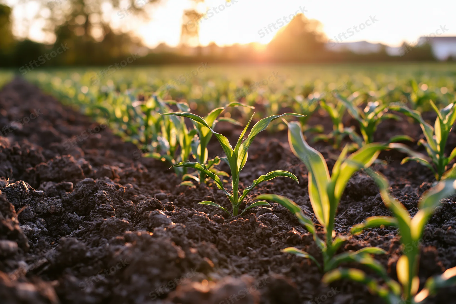 Young corn seedlings growing in neat rows in tilled soil at sunrise