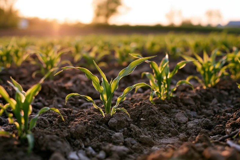 Young corn seedlings emerging from dark tilled soil in neat rows at sunrise