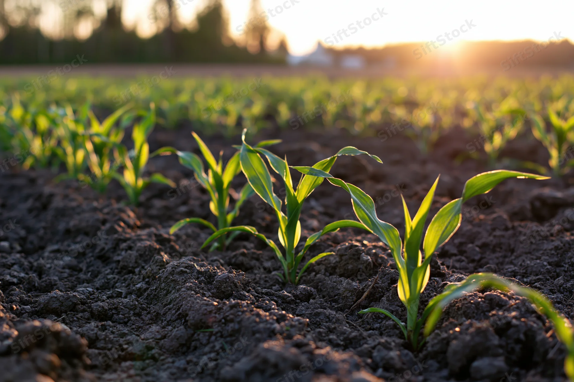 Young corn seedlings emerging from dark tilled soil in neat rows across a farm field at sunrise