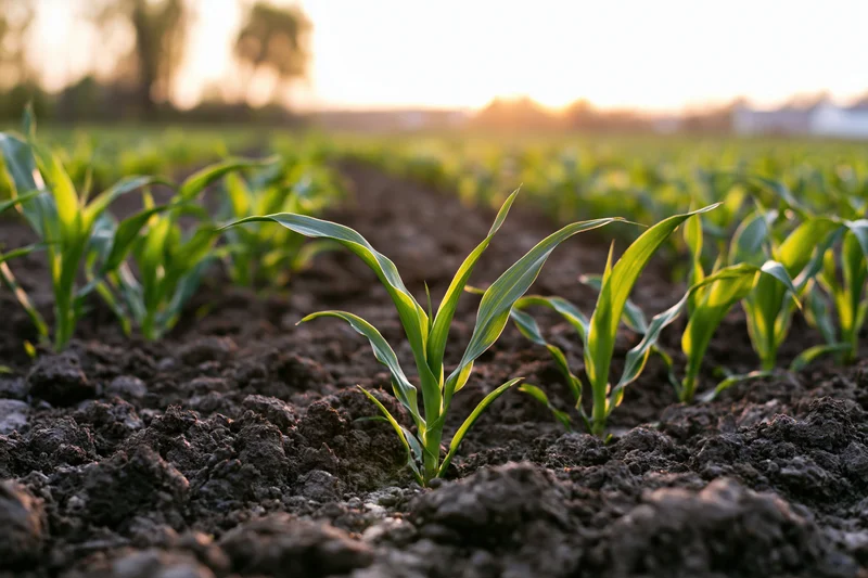 Young corn seedlings emerging from dark tilled soil in neat rows across a rural field at sunrise