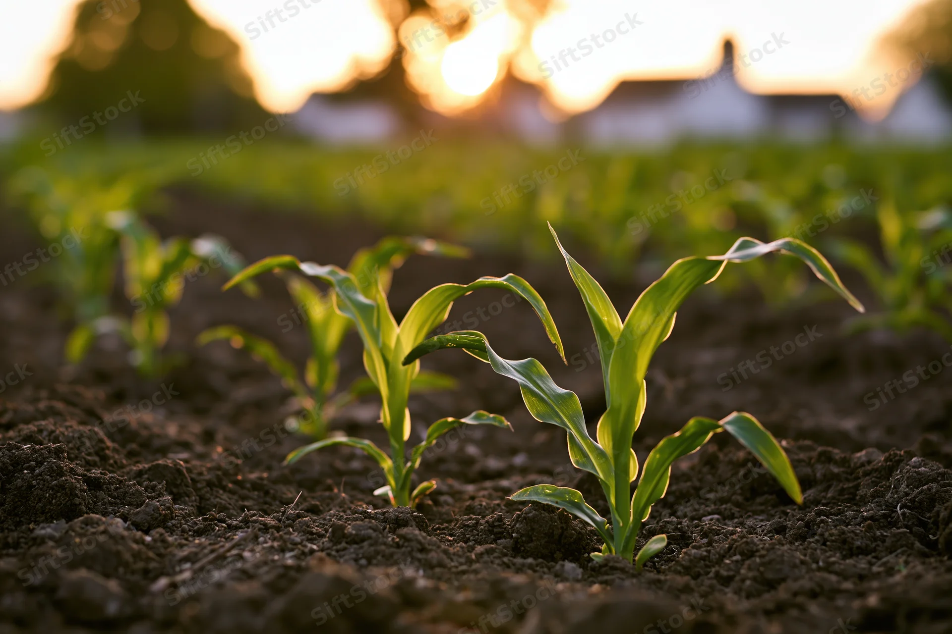 Young corn seedlings emerging from dark tilled soil in a field at sunrise