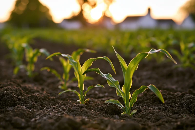 Young corn seedlings emerging from dark tilled soil in a field at sunrise