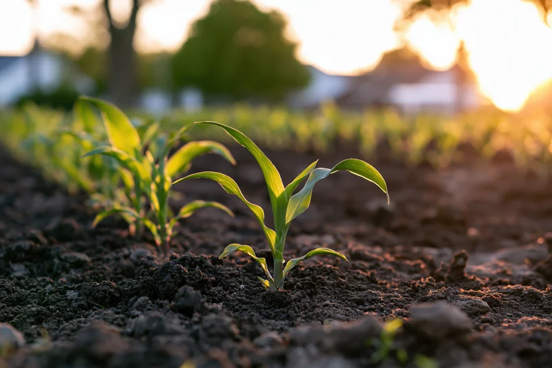 Young corn seedlings emerging from dark tilled soil in a field at sunrise