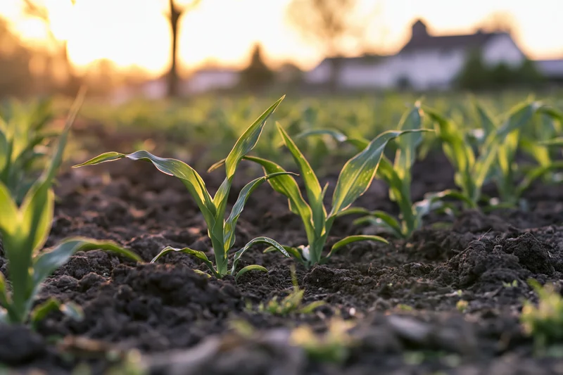 Young corn seedlings emerging from dark tilled soil in a rural field at sunrise