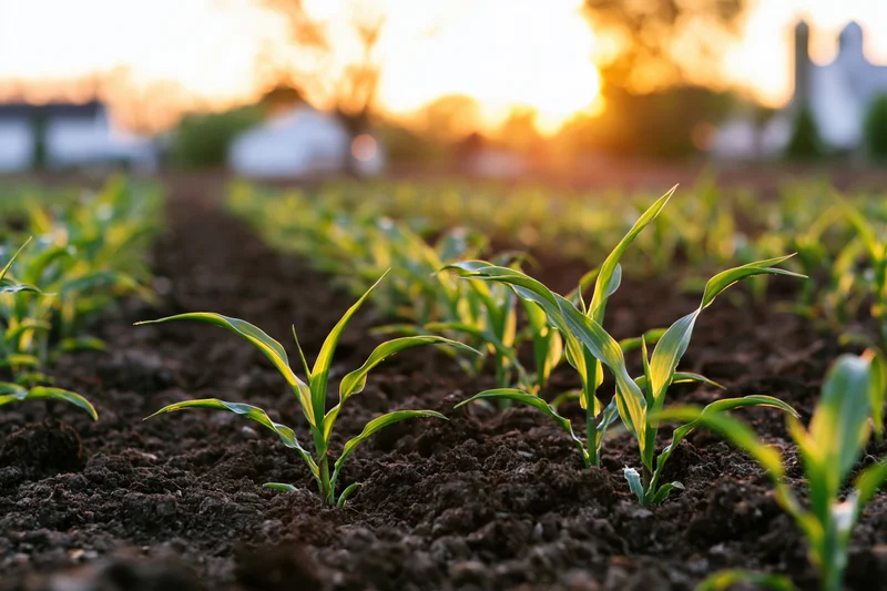 Young corn seedlings emerging from dark tilled soil in rows at sunrise
