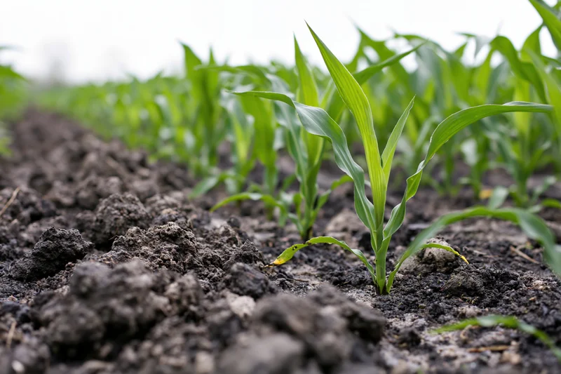 Young corn seedlings emerging from dark tilled soil in a cultivated field