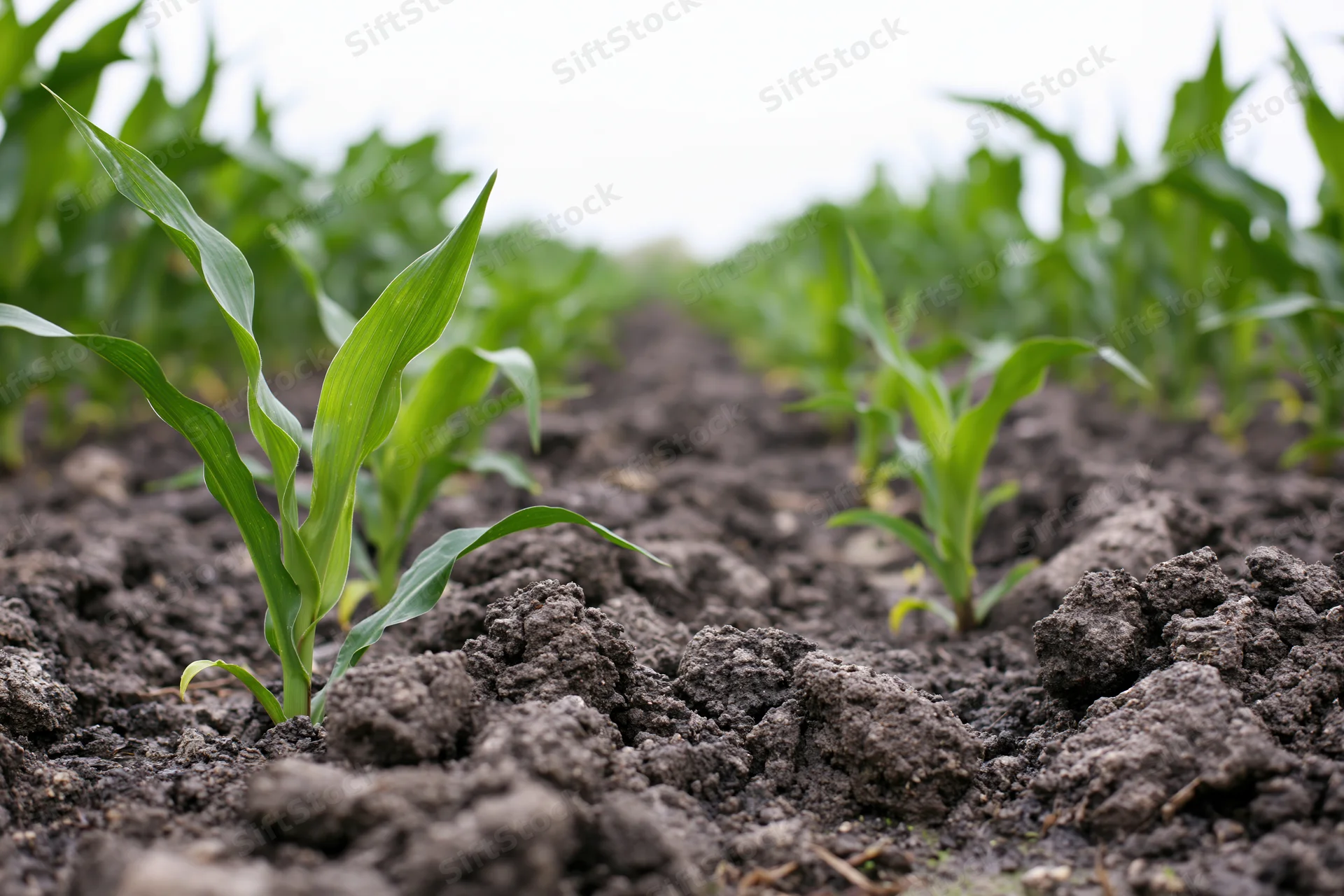 Young corn seedlings emerging from dark tilled soil in neat rows across a farm field