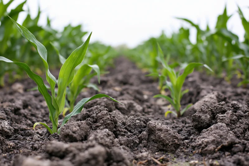 Young corn seedlings emerging from dark tilled soil in neat rows across a farm field
