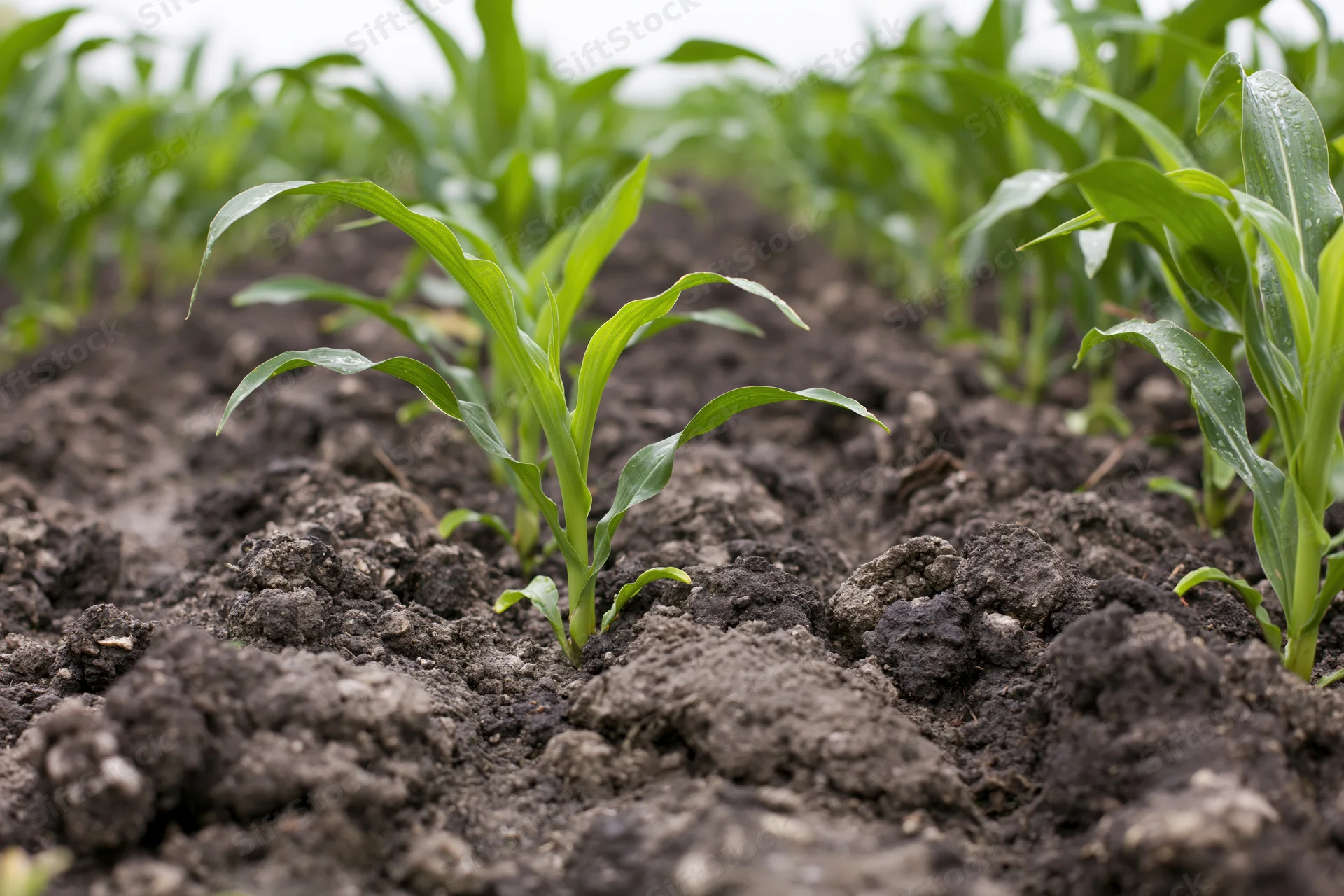 Young corn seedlings emerging from dark tilled soil in a field row