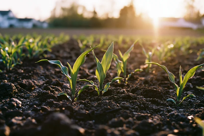 Young corn seedlings emerging from dark tilled soil in a rural field at sunrise
