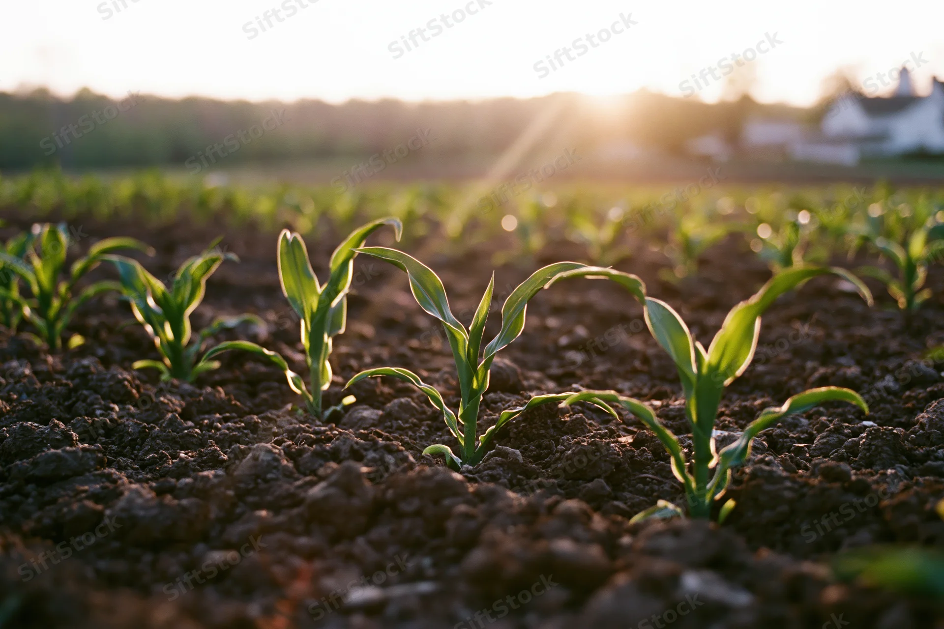 Young corn seedlings emerging from dark tilled soil in a rural field at sunrise