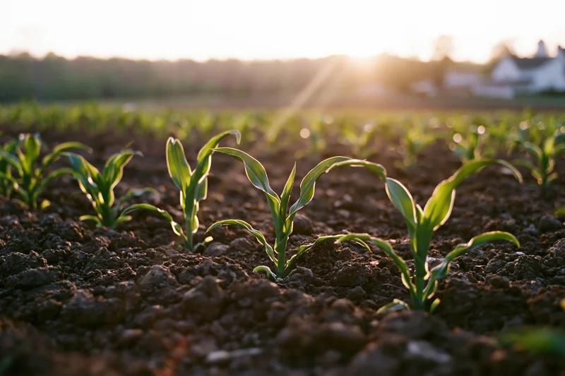 Young corn seedlings emerging from dark tilled soil in a rural field at sunrise