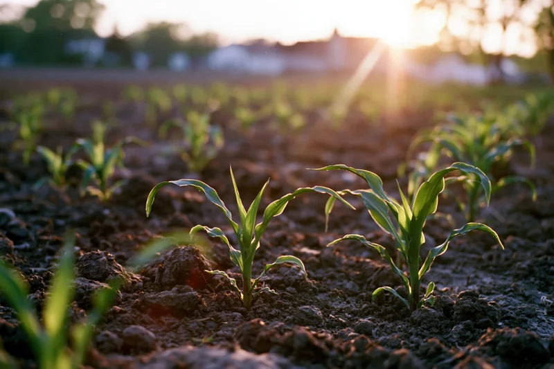 Young corn seedlings emerging from dark tilled soil in a field at sunrise