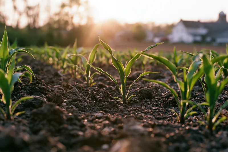 Young corn seedlings emerging from dark tilled soil in a rural field at sunrise