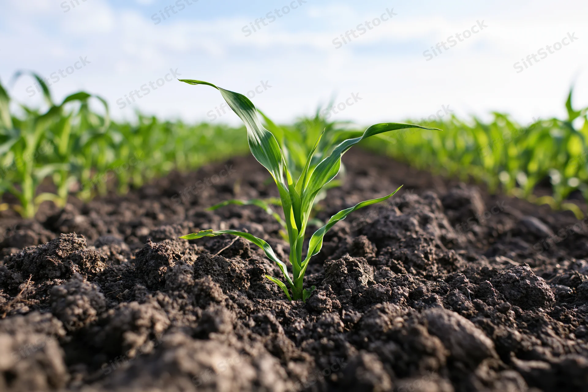 Young corn seedling emerging from dark tilled soil in a field