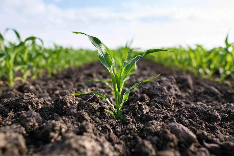 Young corn seedling emerging from dark tilled soil in a field