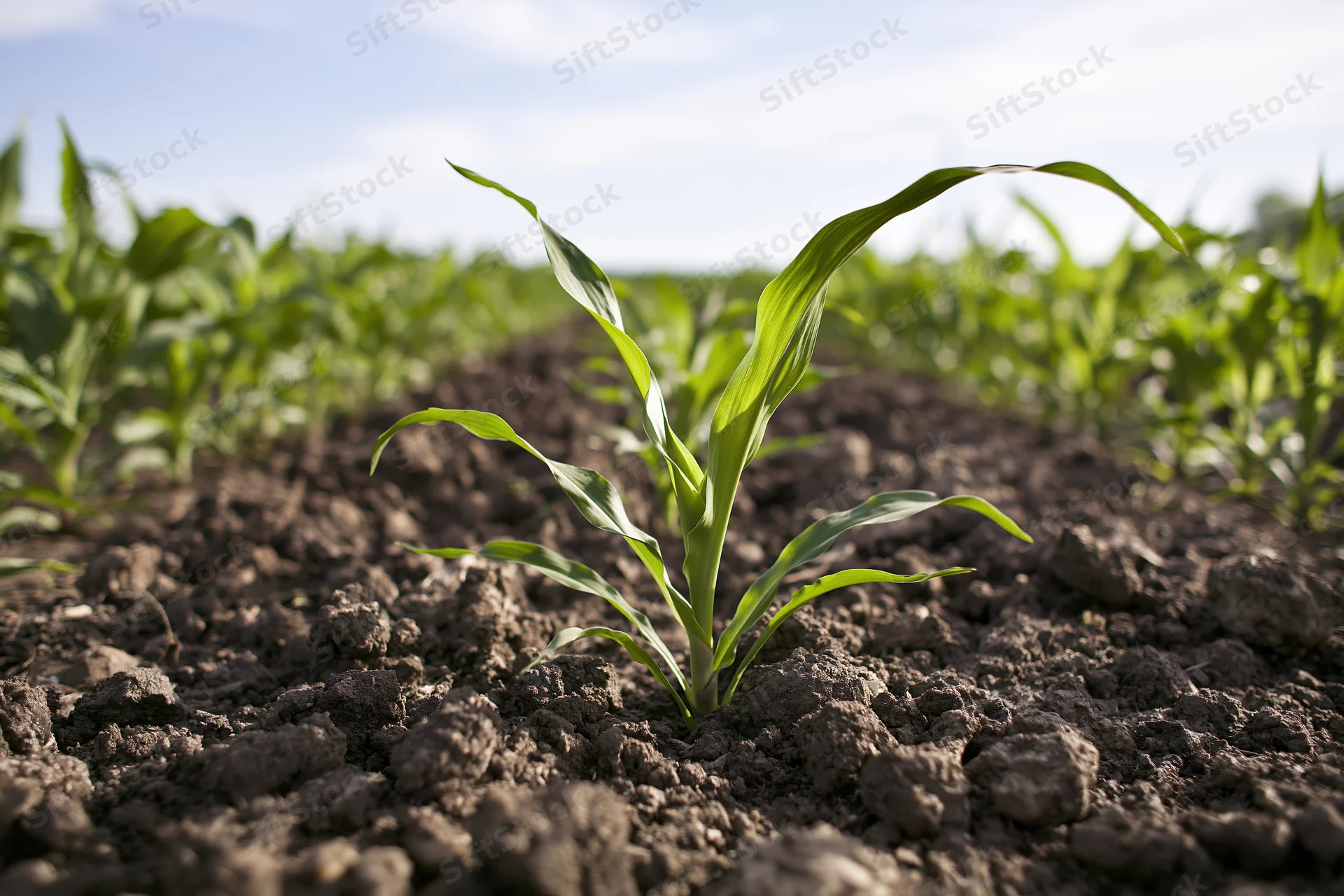Young corn seedlings emerging from dark tilled soil in a cultivated field