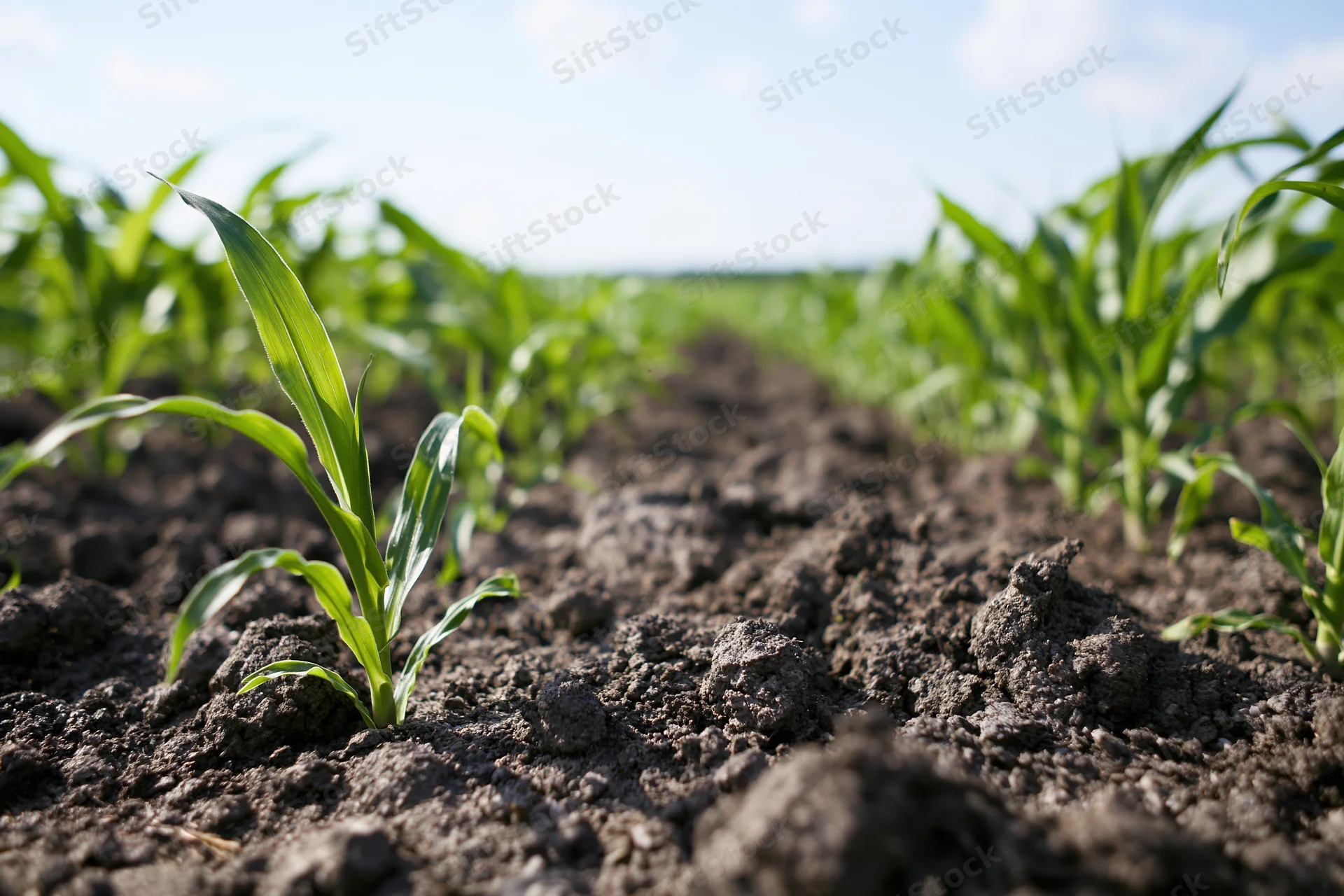 Young corn seedlings emerging from dark tilled soil in a field row
