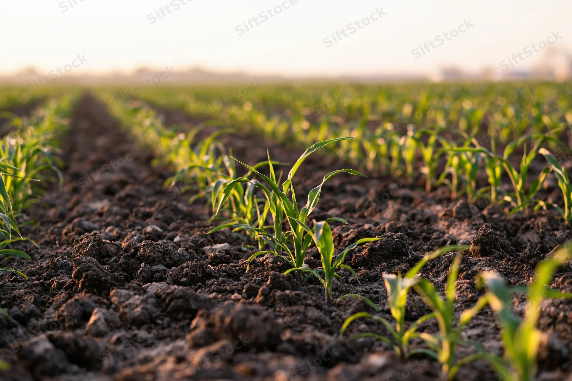 Young corn seedlings emerging in neat rows from dark tilled soil in a farm field