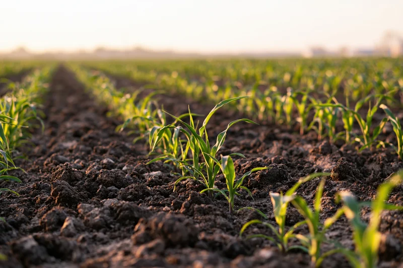 Young corn seedlings emerging in neat rows from dark tilled soil in a farm field