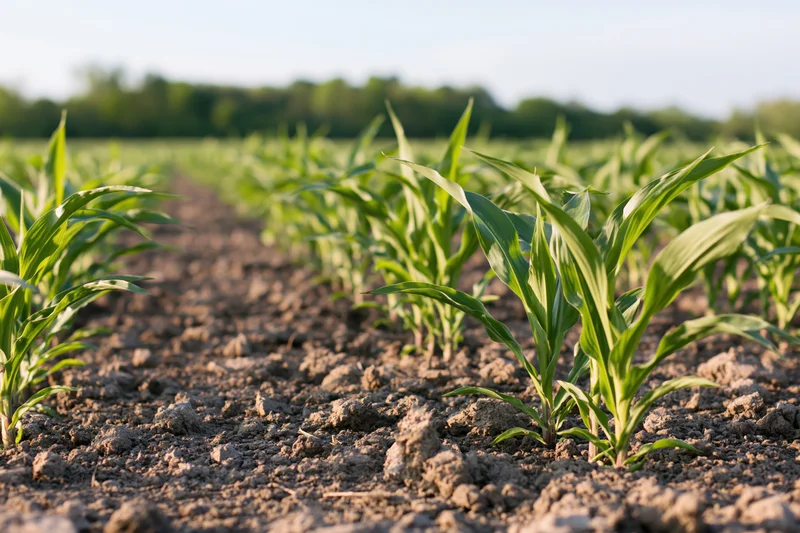 Young corn seedlings growing in neat rows across a tilled field
