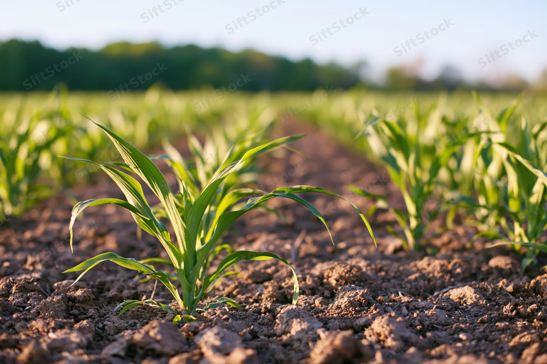 Young corn seedlings growing in neat rows across a tilled field