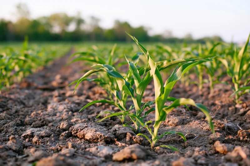 Young corn seedlings growing in neat rows across a tilled field