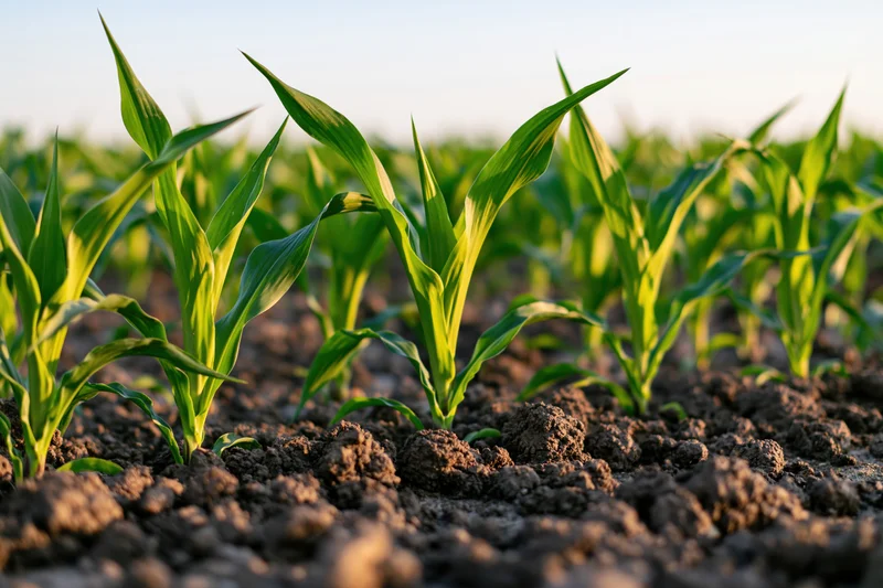 Young corn seedlings growing in rows across a tilled agricultural field
