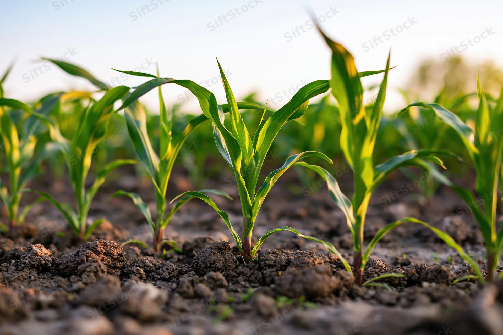 Young corn seedlings growing in rows across a tilled agricultural field