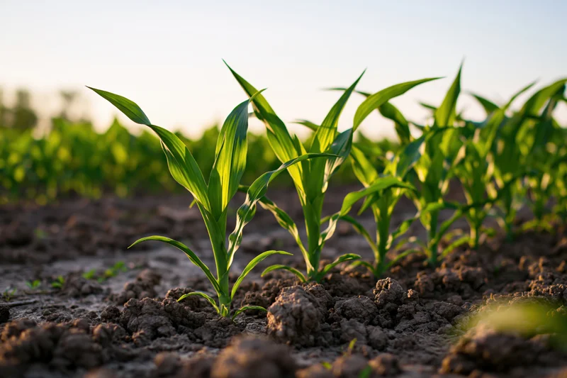 Young corn seedlings growing in rows across a tilled agricultural field