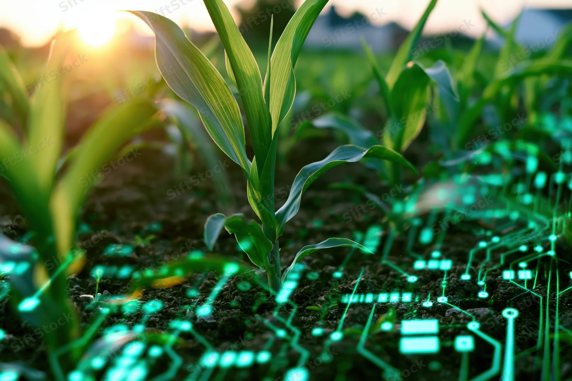 Young corn seedlings growing in a field with glowing digital circuit patterns overlaid on the soil
