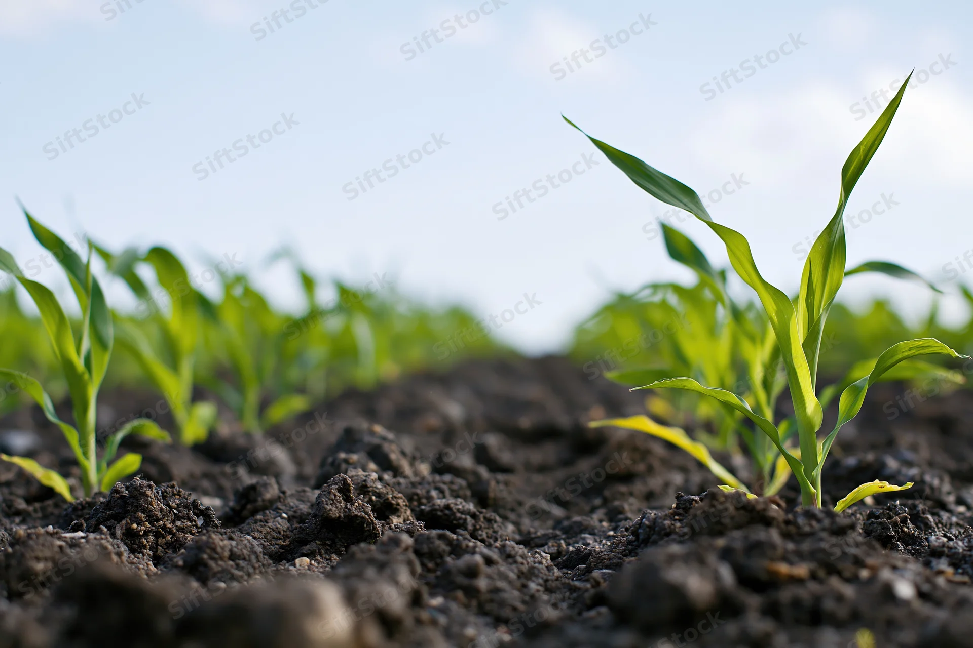 Young corn seedlings sprouting from dark moist soil in a field